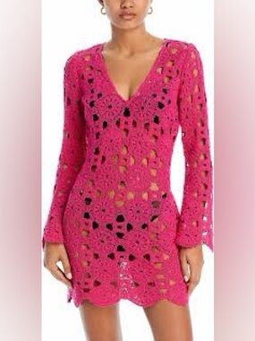 Aqua Swim Crochet Cover Up Dress Exclusive - Pink